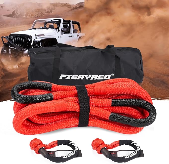FieryRed Kinetic Recovery Rope Kit with 2 Soft Shackles, 1 Inch x 30 FT Tow Rope,Heavy Duty Offroad Snatch Strap for UTV, ATV, Truck, Car, Jeep, Tractor