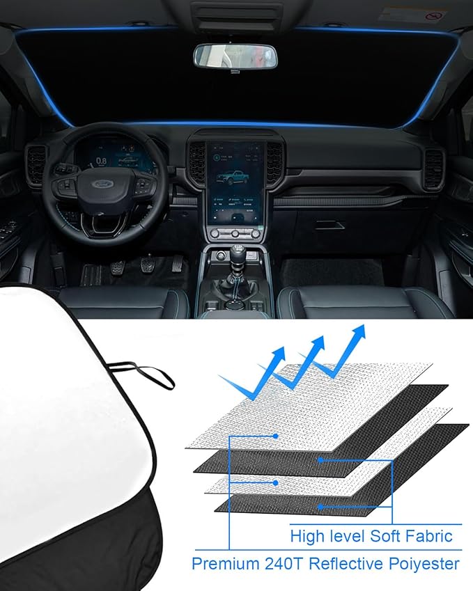 2025 Upgrade Front Windshield Sun Shade Foldable Ford Ranger Sun Shade Foldable Car Shade Automotive Windshield Sunshades fit for Ford Ranger 2019-2023 2024 2025 |Keep Car Interior Cooler|