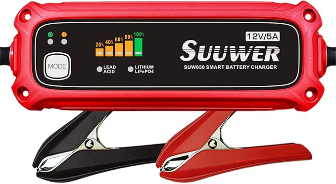 High-Efficiency 12V 5-Amp Smart Car Battery Charger, Battery Maintainer, Trickle Charger, Float Charger and Desulfator for Car, Motorcycle, ATV, Lithium (LiFePO4) and Deep Cycle Batteries