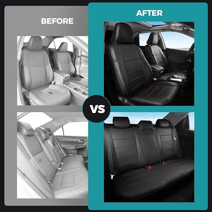 for Toyota Camry Seat Covers SE XSE SE Sport 2012 2013 2014 2015 2016 2017 - Custom Fit Car Seat Covers Full Set, Waterproof Breathable Leather Seat Covers for Cars, Black Red Not for Hybrid