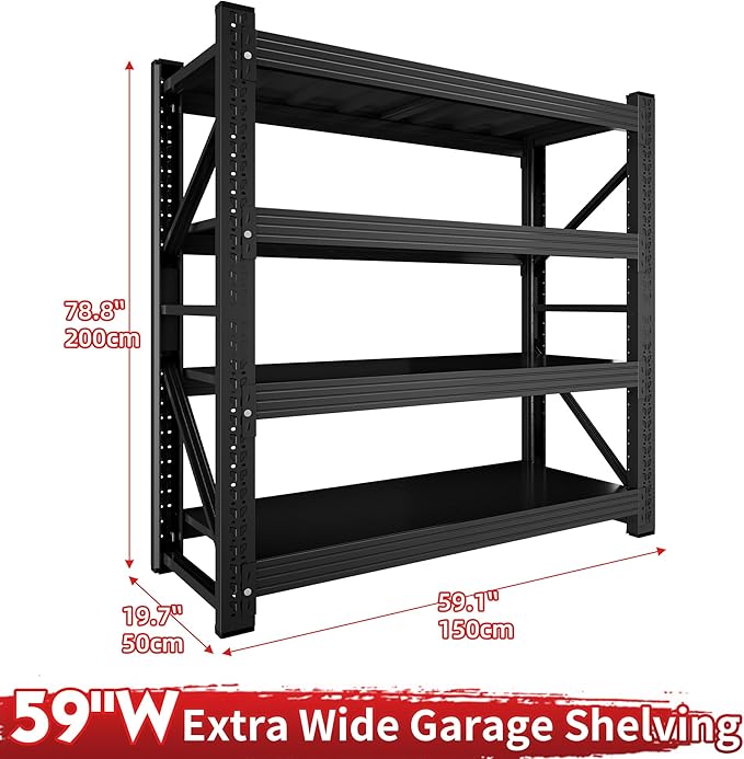 5000LBS Garage Shelving 59" W Garage Shelving Heavy Duty 4-Tier Metal Storage Shelves Adjustable Shelf Unit Storage Rack for Basement Supermarket Warehouse 59.1Wx19.7Dx78.8H Black