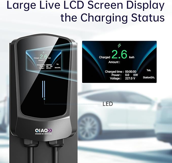 QIAO Level 2 EV Charger, Up to 40A Electric Car Charger, Wi-Fi Bluetooth APP Enabled EVSE, 4.3in Display, 25ft Cable, NEMA 14-50 Plug Charge Station Compatible with All SAE J1772 EV Models Black