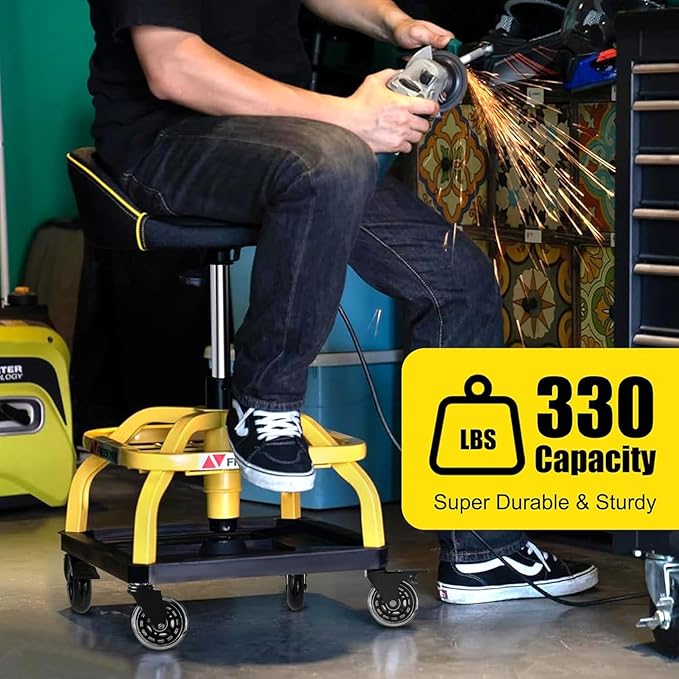 Rolling Shop Stool with Wheels, Garage Work Mechanic Stool with Backrest, Roller Mechanic Chair, Adjustable Height, 360° Swivel, Tool Tray Storage, 330 LBS Capacity, Heavy Duty, Yellow