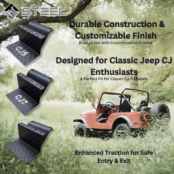 CJ5 Side Steps Compatible with Jeep © CJ Vehicles (Pair) - Solid Steel Construction - Metal Diamond Treadplate Traction Design - Universal Fitment on Classic CJ-5 (CJ7) (Solid-Black)