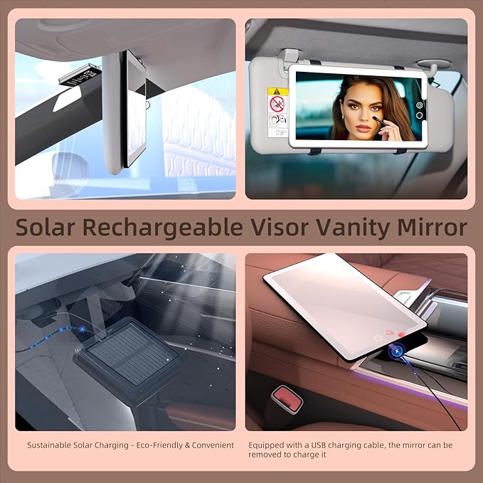 Solar Car Sun Visor Vanity Mirror, Sun Visor Makeup Mirror for Car,Dimmable with 3 Light Modes