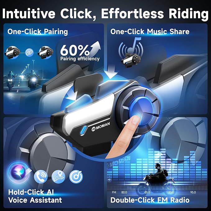 Moman Motorcycle Intercom, H2S Motorbike Helmet Headset 2-Way 1000M Communication System with Triple Noise Cancellation Audio Multitasking Hi-Fi Stereo Music Sharing FM AI Voice Waterproof, 1 Pack