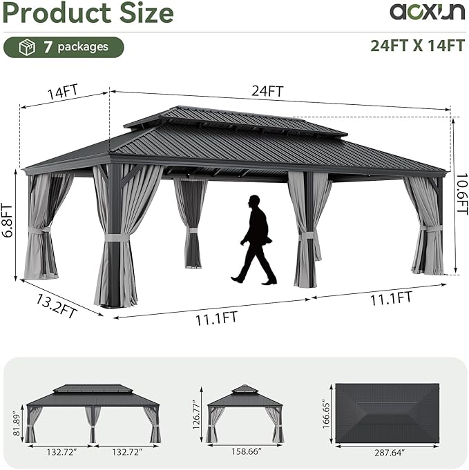 Aoxun 14' X 24' Hardtop Gazebo with Drainage System, Aluminum Outdoor Gazebo with Galvanized Steel Double Roof, Patio Permanent Metal Pavilion with Netting, for Garden, Deck, Grey