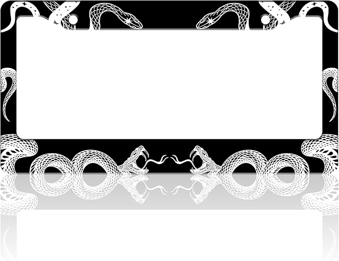 Black and White Snake Crawling License Plate Frame Gothic License Plate Holder for Front or Rear Car Tags Stainless Steel Funny Car Decoration with Screws 6.3 X 12.2 in