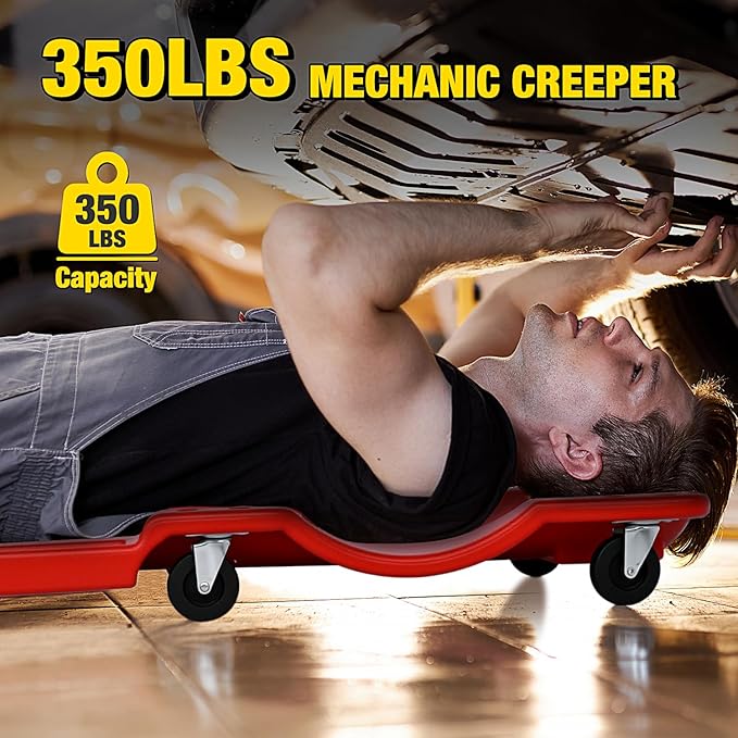 Nilight 40" Mechanic Plastic Creeper - 40 Inches Heavy Duty Shop Creeper with Padded Headrest and 6 Casters, 350 lbs Capacity, Red