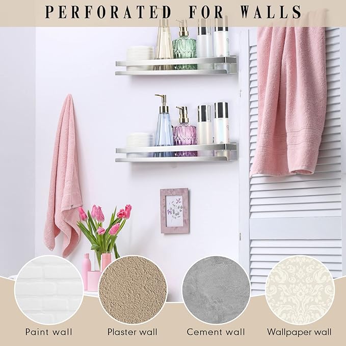Lallisa 2 Pieces Stainless Steel Shelf Bathroom Shower Floating Shelves Wall Mounted Shower Caddy Basket Shelf Storage Organizer Shelves for Bathroom, Kitchen, Living Room (Silver,15.75 Inch/ 40 cm)