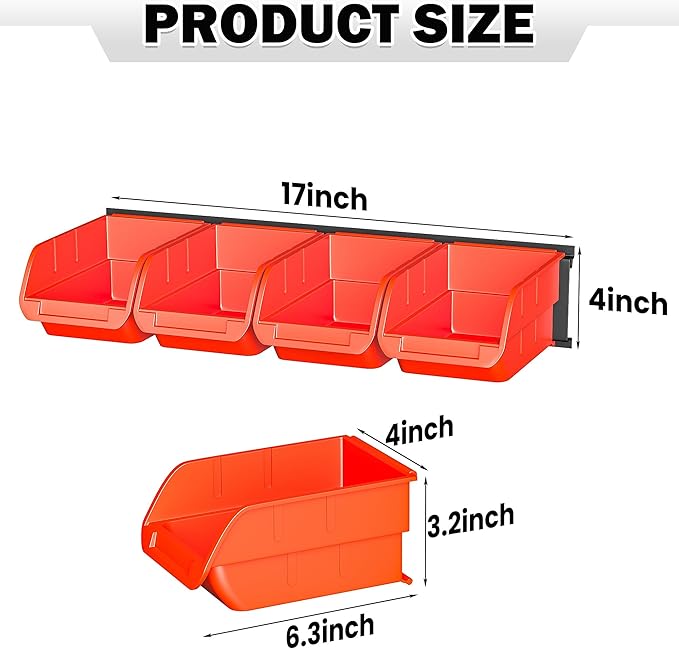 Ultrawall Wall Mounted Storage Bins, Plastic Hanging Storage Organizer Bins, Garage Tool Storage System for Screws, Nuts, Bolts, Nails, and Small Hardware Parts, 16x bins & 4 x rails, Orange