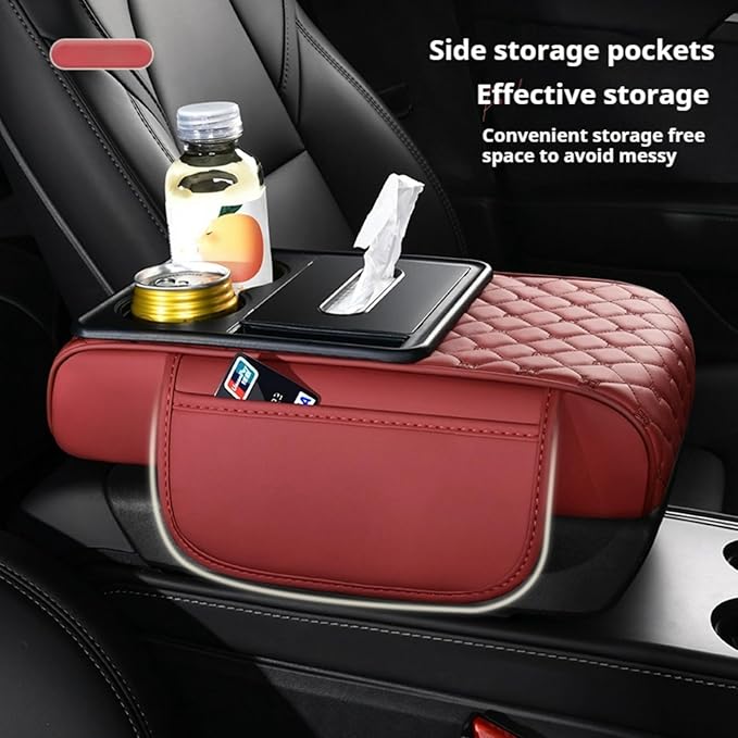 Center Console Cover Organizer, 5-In-1 Arm Rest Cover for Car with Cup Holder & Storage Pocket & Tissue Holder, Armrest Cover Cushion Pad, Grid, Emma Orange