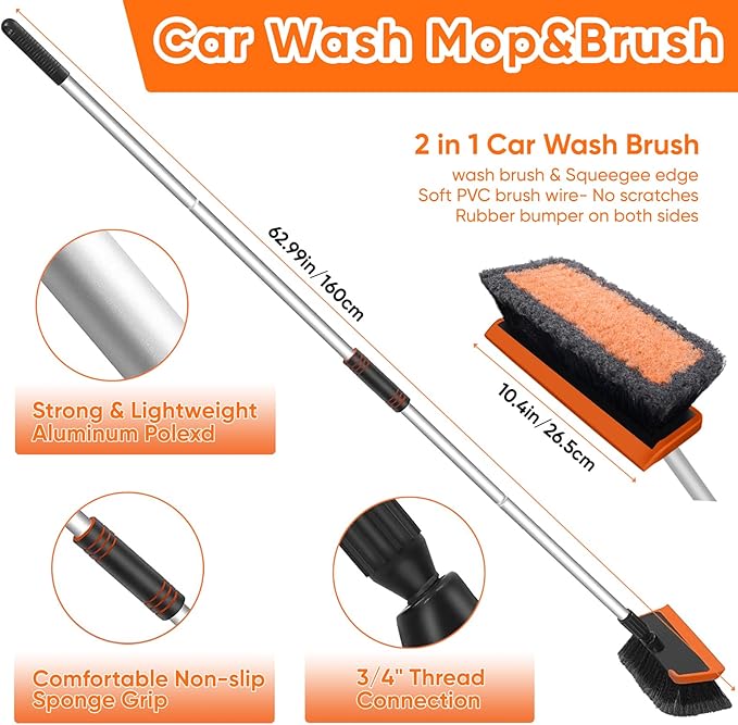 62'' Car Wash Brush with Long Handle, Soft Bristle Scratch-Free Car Wash Cleaning Detailing Brush Mop Kit Wash Mitt Towel Windshield Squeegee Wheel Tire Brush for Car SUV Truck RV Cleaning