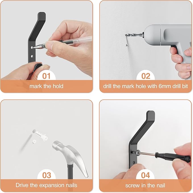 Wall Hook for Hanging Coat - 20LB (Max), Stainless Hooks for Towel, Hat, Backpack, Clothes, Wall Mounted Coat Hanger for Closet, Metal, Black, 6 Pack 3.75“