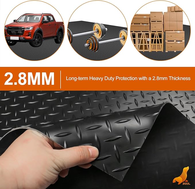 SEAL 6 x 15 Ft Premium Garage Floor Mat, Solid 2.8mm Thickened Black Commercial Grade Heavy Duty Parking Mat for Garage Floor, Golf Cart, Water/Stain Resistant Floor Runner (Embossed Diamond Plate)