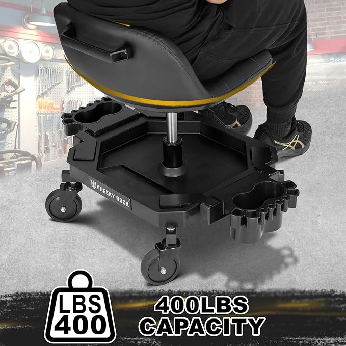 Rolling Stool with Wheels, Adjustable Height Pneumatic Garage Work Mechanic Stool Seat with Backrest, 400 LBS Capacity 360° Swivel Mechanic Crepper Chair with Tool Tray Storage, Yellow