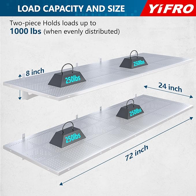 4-Pack 2x3ft Heavy Duty Garag e Wall Shelving, 1000 lbs Load Capacity, Garage Shelving Wall Mounted, Garage Storage Rack with Hooks, White