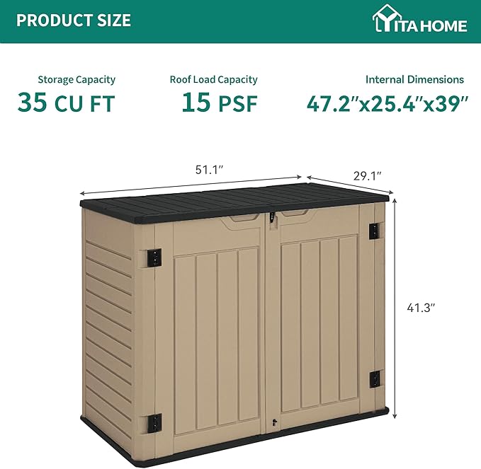 YITAHOME Outdoor Resin Storage Sheds, 39 in Height Lockable Waterproof Horizontal Shed w/o Shelf, Easy to Assemble Shed Storage for Garden Tools, Brown
