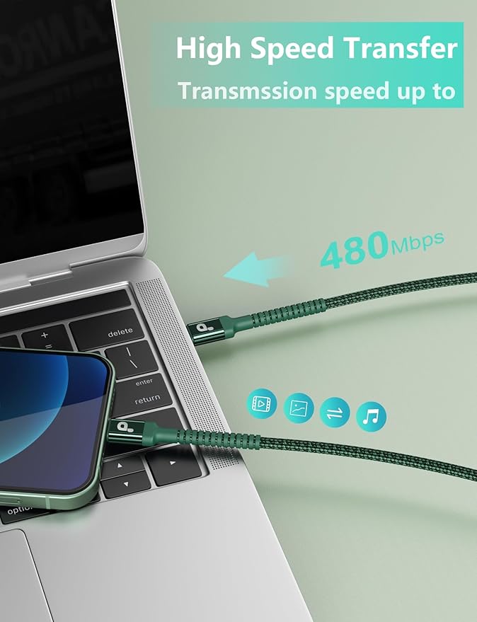 USB C Cable Fast Charging 10FT, 2Pack USBC to USBC Cable, iPhone 16 15 Charger Long Type C Nylon Braided USB-C Charger Cord for iPhone 16/15/Pro Max/Plus/Samsung Galaxy S23/LG/Switch-Green