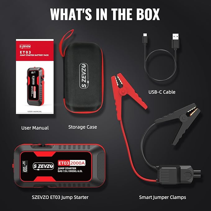 S ZEVZO ET03 Car Jump Starter 2000A Jump Starter Battery Pack for Up to 7.5L Gas and 6.5L Diesel Engines, 59.2Wh Portable 12V Jump Box with USB Ports, LCD Display, Storage Case, and LED Light