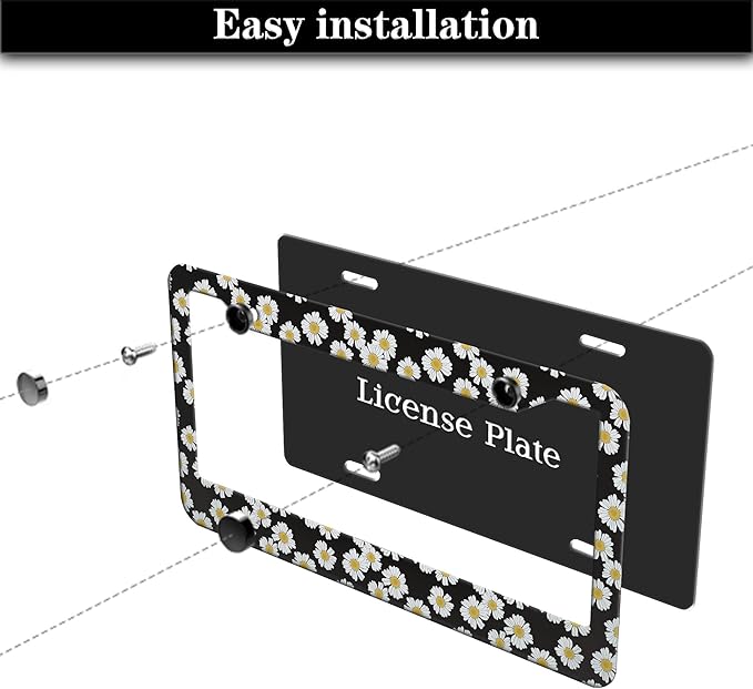 License Plate Protector Black and White License Plate Frames White Daisy Black Decorative Universal Aluminum Car Accessory 2 Pack with Screw Covers Set