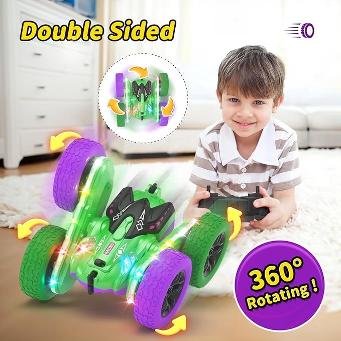Remote Control Car, RC Cars, RC Stunt Car Toys with New Upgraded Strip Light & Headlight, RC Cars for Boy Girl Gifts with 2.4Ghz, 600mAh, 4WD, 90 Min Playtime, 360° Rotating, Double Sided