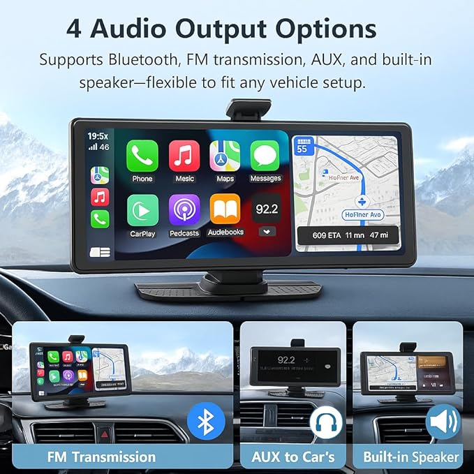 Portable Apple CarPlay & Android Auto – 10.26" Wireless Car Stereo, 4K Dash Cam, 1080P Backup Camera, Voice Control, GPS Navigation, Bluetooth, Mirror Link, Portable Touchscreen Display