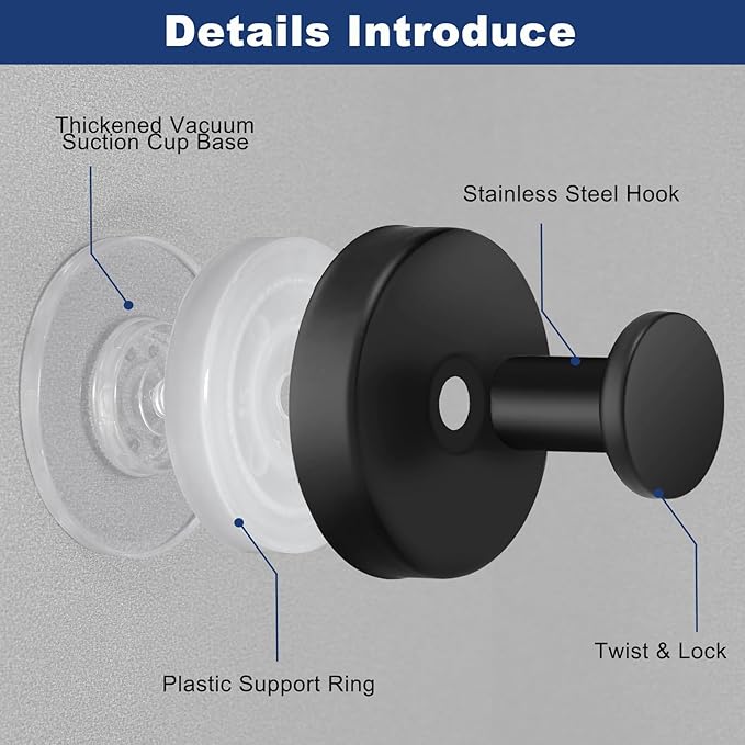 4 PCS Suction Cup Hooks for Shower, Hooks for Inside Shower, Removable Towel Hooks for Bathroom Wall, Kitchen, Glass, Tile, Mirror, Bath Robe Looafh Hook for Hanging (Black)