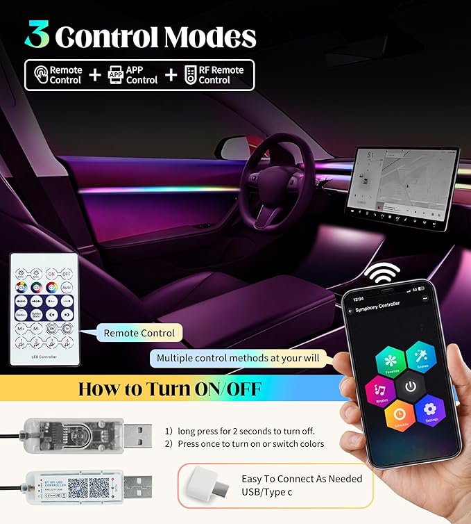 KENANEK Acrylic Interior Car LED Strip, 6 in 1 USB/Type C Interface Colorful 187-inch car Ambient Lights kit，Supporting Wireless Control Modes，with 16 Million Color Options