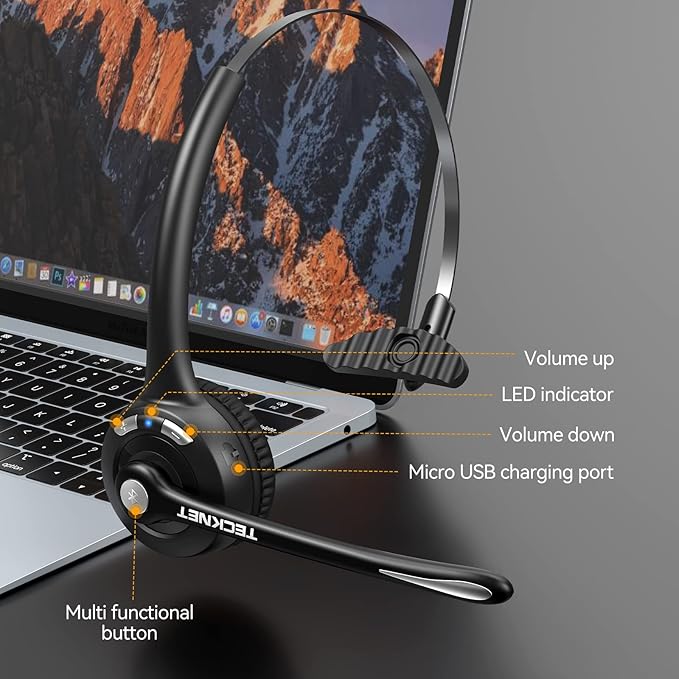 TECKNET Bluetooth Headset, Wireless On Ear Headphones with Noise Cancelling Microphone for Trucker, Hand Free Wireless Headset with Mute Mic for Phone