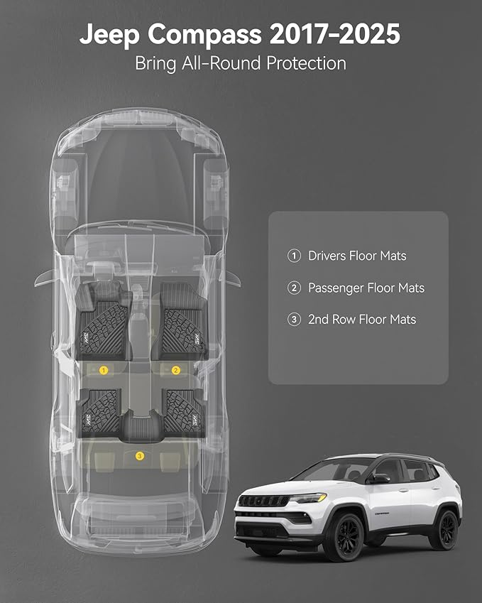 3W Floor Mats Fit for 2017-2025 Jeep Compass, TPE All Weather Custom Fit First and Second Rows Full Set Car Mats, Black