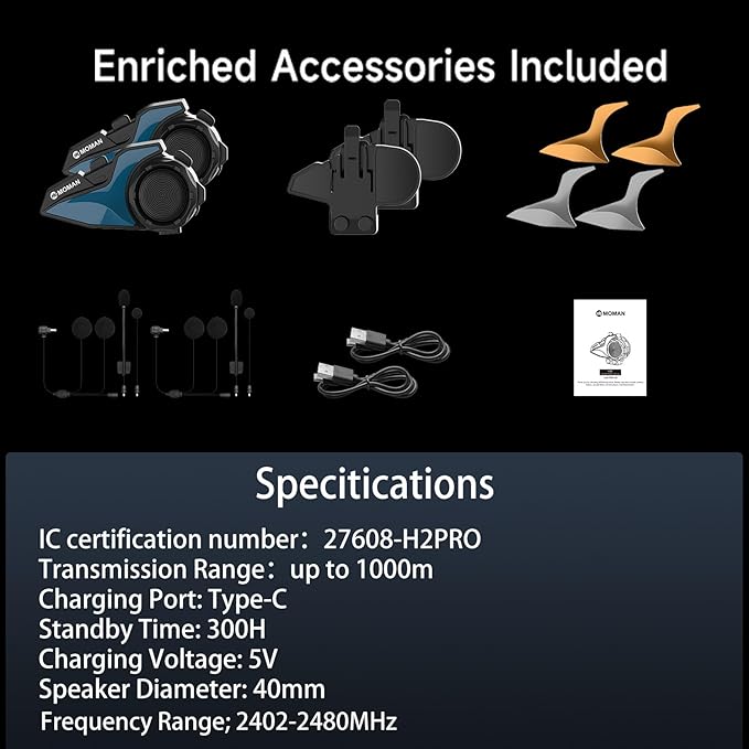 Moman Motorcycle Intercom, H2E Eagle-Like Helmet Headset Communication System with Dual Chip for Audio Multitasking HiFi/Music Sharing/FM/AI Voice (1Pack), Motorcycle-Intercom-Helmet-Headset-Headphone