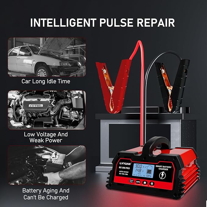 LVYUAN 30Amp Smart Car Battery Charger, 12V/24V Automotive Charger, Lead-Acid Battery, LiFePO4 Battery Maintainer with LCD Display, Trickle Charger, for Lawn Mower, Motorcycle, AGM, STD, Gel, EFB,etc