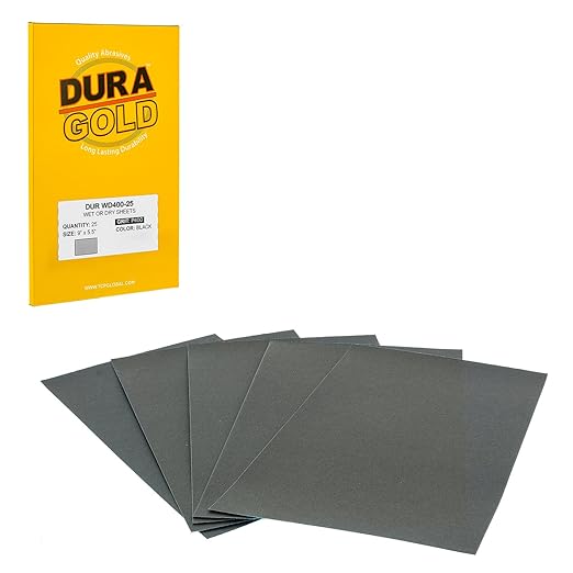 Dura-Gold Premium 400 Grit Wet or Dry Sandpaper Sheets, 5-1/2" x 9", Box of 25 - Fine-Cut Sanding, Detailing, Polishing Automotive, Woodworking Wood Furniture, Metal Finishing, Hand Sand Block Sander