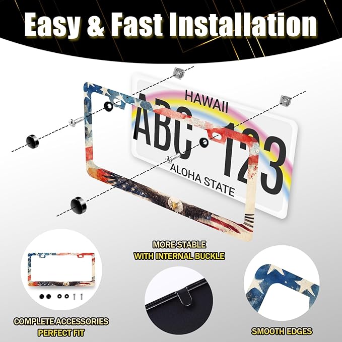 Eagle American Flag License Plate Frame Patriotic Eagle License Plate Holder Stainless Steel Funny Design with 2 Holes and Screws 12.3" x 6.3"