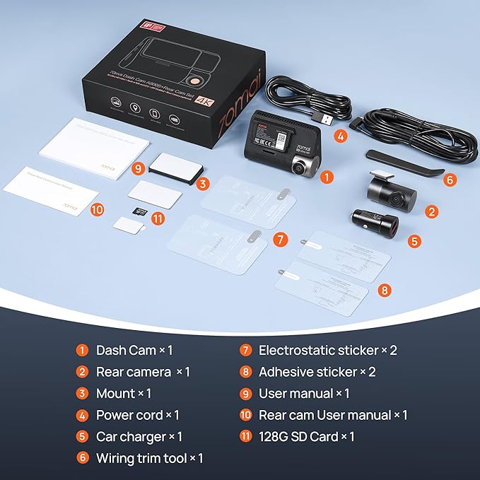 70mai 4K Dash Cam Front and Rear with STARVIS, Built in 5GHz WiFi & GPS Car Camera, Super Night Vision, ADAS, 3'' IPS Screen, 24H Parking Mode, Time-Lapse, Loop Recording, with 128GB Card (A800S)
