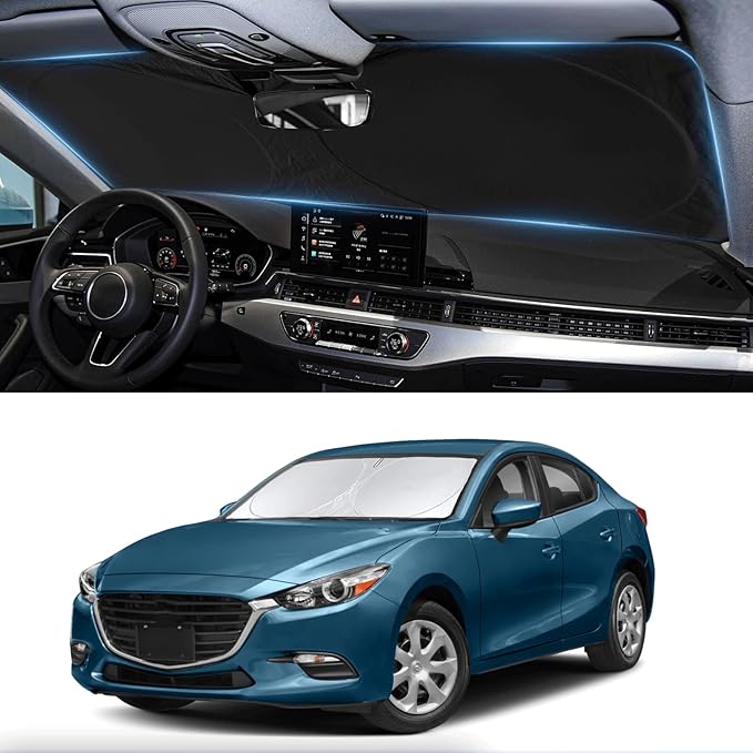 Custom Fit Mazda 3 Windshield Sunshade for Mazda 3 Accessories 2019-2024 2025 2026 Hatchback/Sedan Accessories Front Window Shades Cover for Windshield Sun Visor Protector Keep Car Cooler