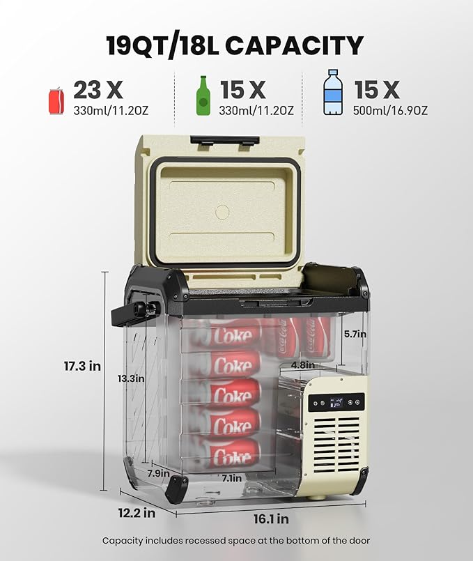 EENOUR D18 12 Volt Car Refrigerator, Portable Freezer with Detachable Battery 19Qt/18L, Battery & Solar Powered Cooler, -4~50℉, 12/24V DC, 110~240V AC, 12V Fridge for Camping, Road Trips, RV, Truck
