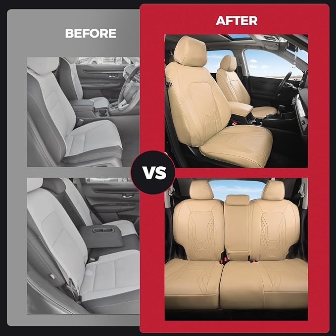 FREESOO Seat Covers for Honda CRV, Custom Fit Car Seat Covers for CRV LX EX EX-L Sport Touring Special Edition Trailsport Hybrid & Gas 2023 2024 2025 2026, Waterproof Leather Full Set, Beige