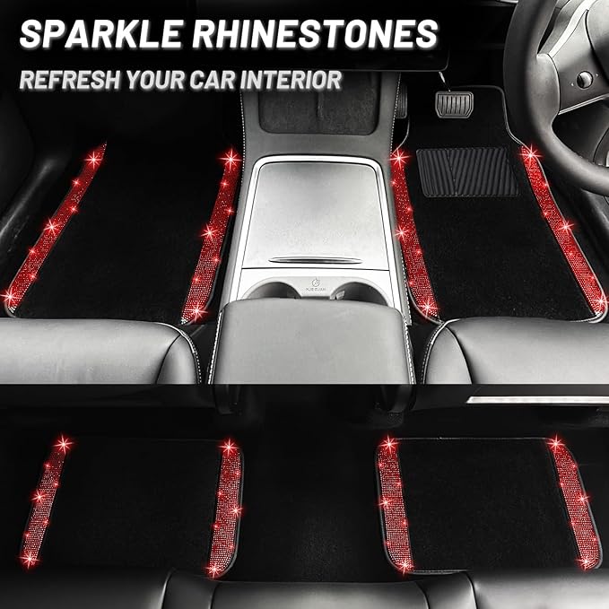NBTEPEM Red Bling Car Floor Mats Full Set, Universal Fit Most Cars,SUV, Trucks, 4 pcs Sparkle Glitter Diamond Carpet for Women Girls with Anti-Slip Pad (Red Diamond)