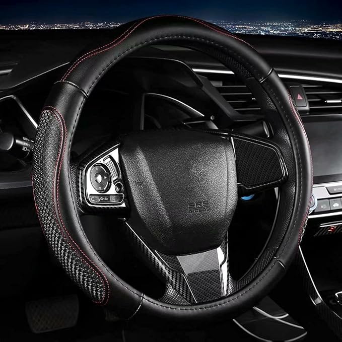 Leather - Car Steering Wheel Cover 15 inch Universal Fit Microfiber Steering Wheel Cover Anti-Slip, Soft, Breathable, Full Surround Car Wheel Cover (Red)