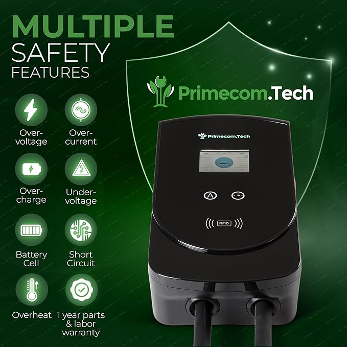 PRIMECOM 80 Amp 22KW 220Volt Level-2 18ft to 50ft Cord Lengths 20X Fast Smart Electric Vehicle EV Charging Station Ford Transit F-150 Lightning Lucid Air Polestar TeslaXS Taycan (25 Feet)