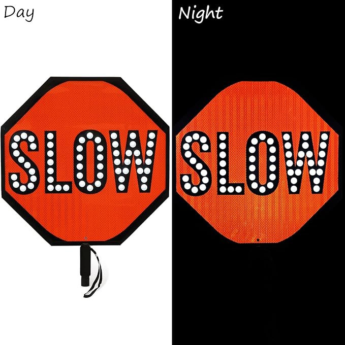 SmartSign 24" LED Stop/Slow Paddle, Rechargeable Battery & Charger, 2-Sided Reflective Hand Held Aluminum Sign with Strap, Steady/Flashing Light Modes, Foam-Padded Grip, 1-Pack