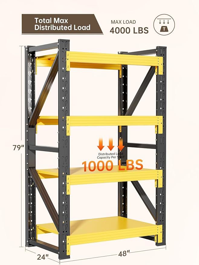 4-Tier Storage Shelves,79" H Heavy-Duty Garage Shelving Unit,Adjustable Industrial Metal Shelf System,4,000lbs Capacity,Tool Organizer for Garage,Workshop,48" W*24" D*79" H,Black&Yellow