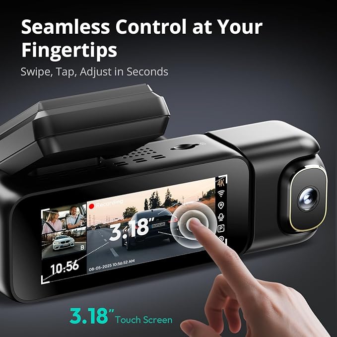 4K 3 Channel Dash Cam Front and Rear/Inside, 360°Dash Camera with 3.18" Touch Screen, Night Vision Dashcam, Built-in GPS, 5.8G WiFi, Voice Control, 24/7 Parking Mode Car Camera, Free 128GB Card