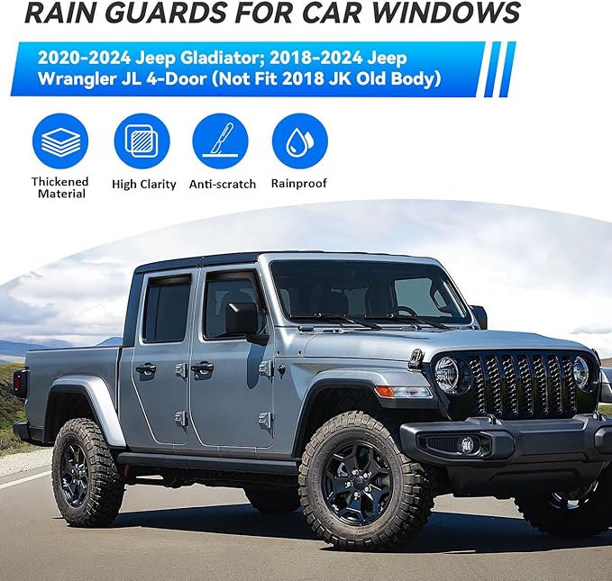 4pcs Front+Rear Smoke Tint Sun/Rain Guard Outside Mount Tape-On Vent Window Visors Compatible with 2020-2024 Jeep Gladiator 2018-2024 Jeep Wrangler JL 4-Door
