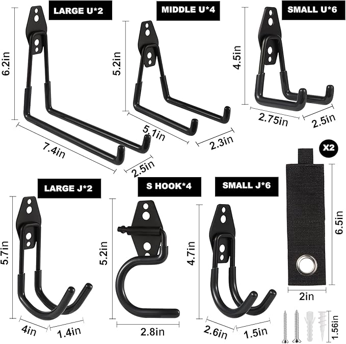 Garage Hook Heavy Duty Wall Storage Hangers, 26 Pack Garage Storage Hooks Steel Tool Black for Ladders, Ropes, Garden Tools