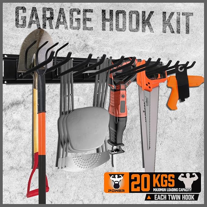 HORUSDY 64-Inch Heavy Duty Garage Organization Rack, 4 Packs Rails and 9 Adjustable Hooks, Tool Organizer Rack with Heavy Double Hooks Tracks Max Load 600LB