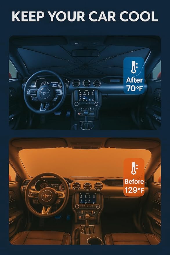Proadsy Windshield Sun Shade Umbrella for Ford Mustang 2015-2023 Foldable Car Umbrella Sunshade with Soft TPU Handle Spring Structure Crystal Cooling Material Protect Car from Rays & Heat