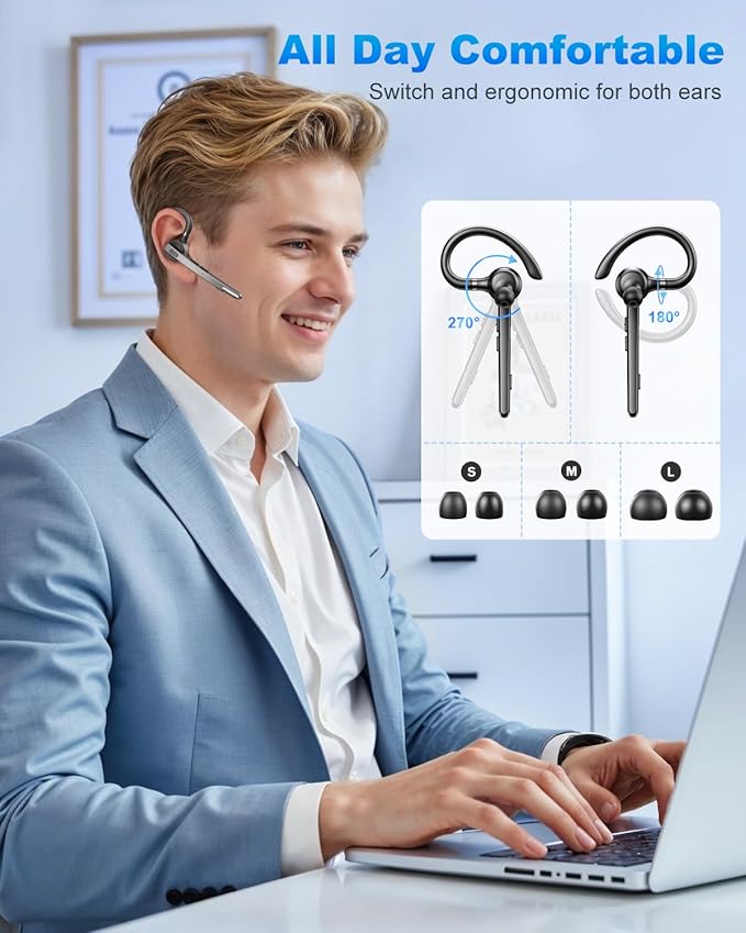 FEYCH Bluetooth Headset, Bluetooth Earpiece with 500mAh Charging Case 72H Talktime ENC Noise Cancelling Microphone V5.1 Hands-Free Wireless Headset for Cell Phone Call Office Business Driving